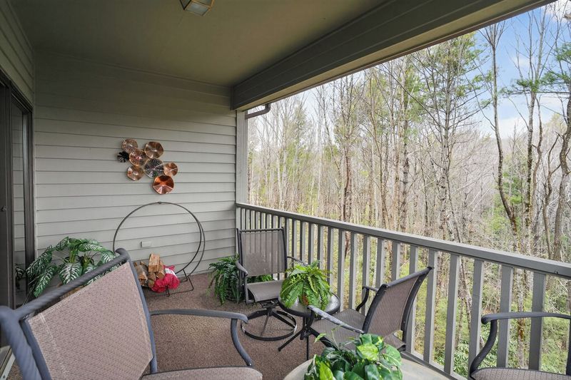 Private covered balcony with outdoor dining, overlooking the woods and stream at Chetola Resort